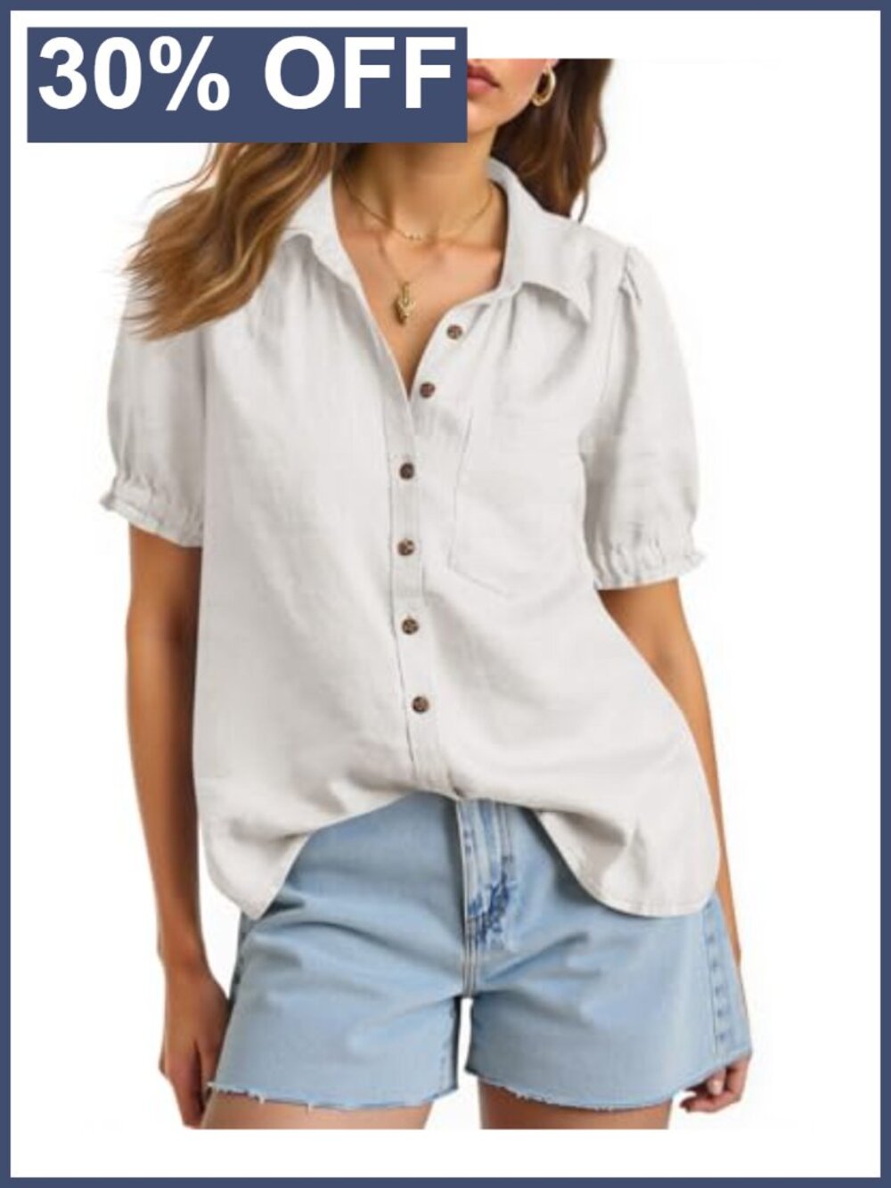 Puff Sleeve V Neck Button Down Linen Blouse Top